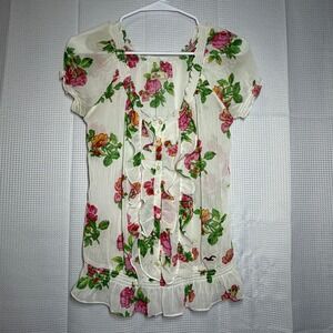 Hollister Floral Ruffle Blouse Medium White Pink Smocked Peasant Top